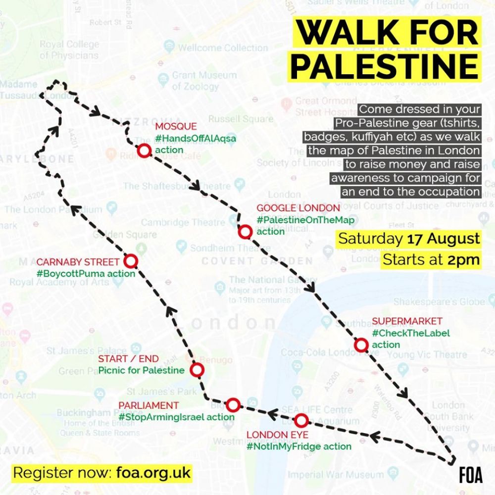 خريطة فلسطين تمشي في شوارع لندن من أجل الحقوق الفلسطينية